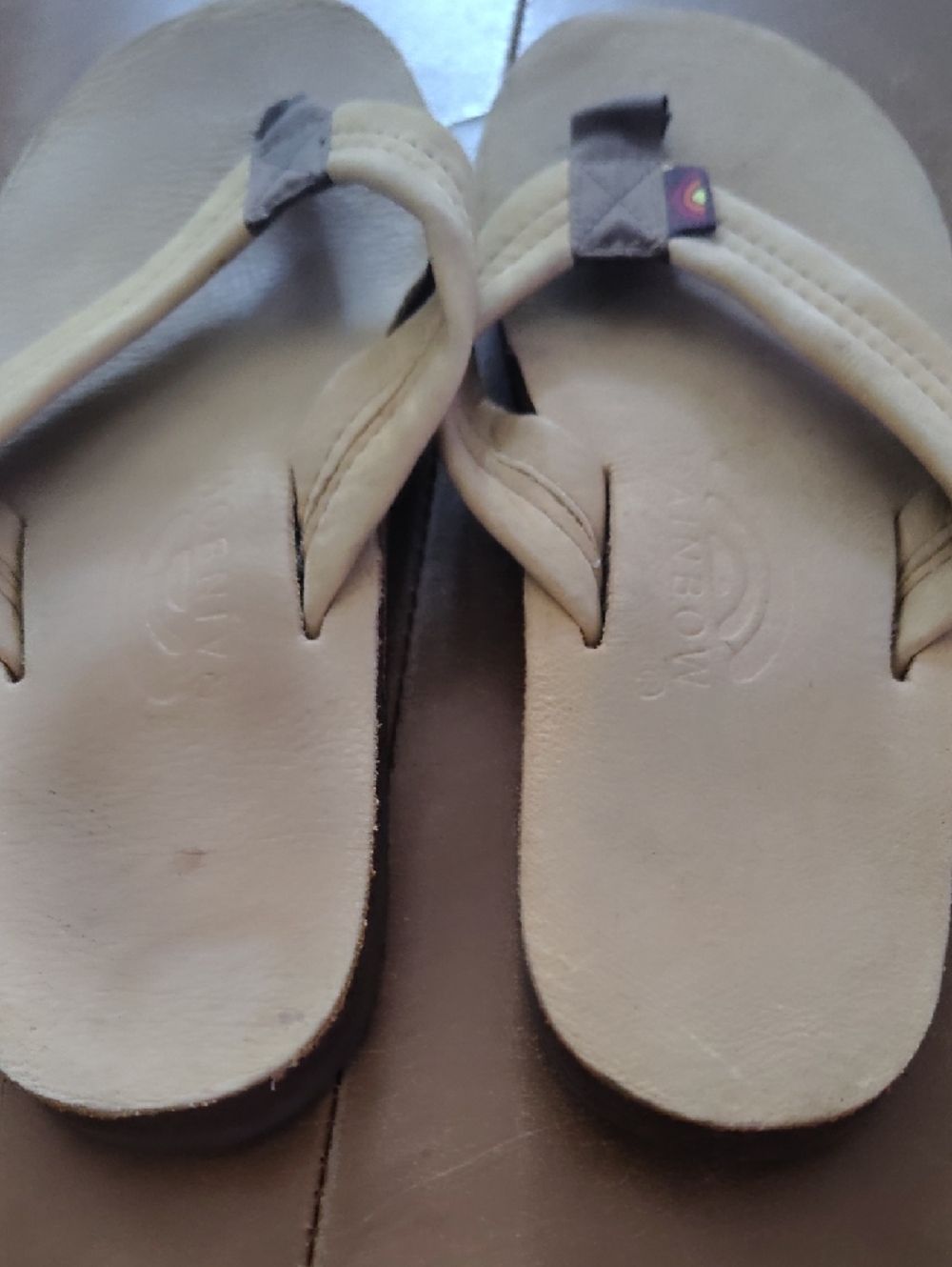 Rainbow Beige Leather Flip Flops with Brown Thong Accents - Picture 3 of 7